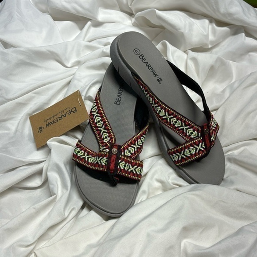 BearPaw Women's Red Patterned Strap Flip Sandals